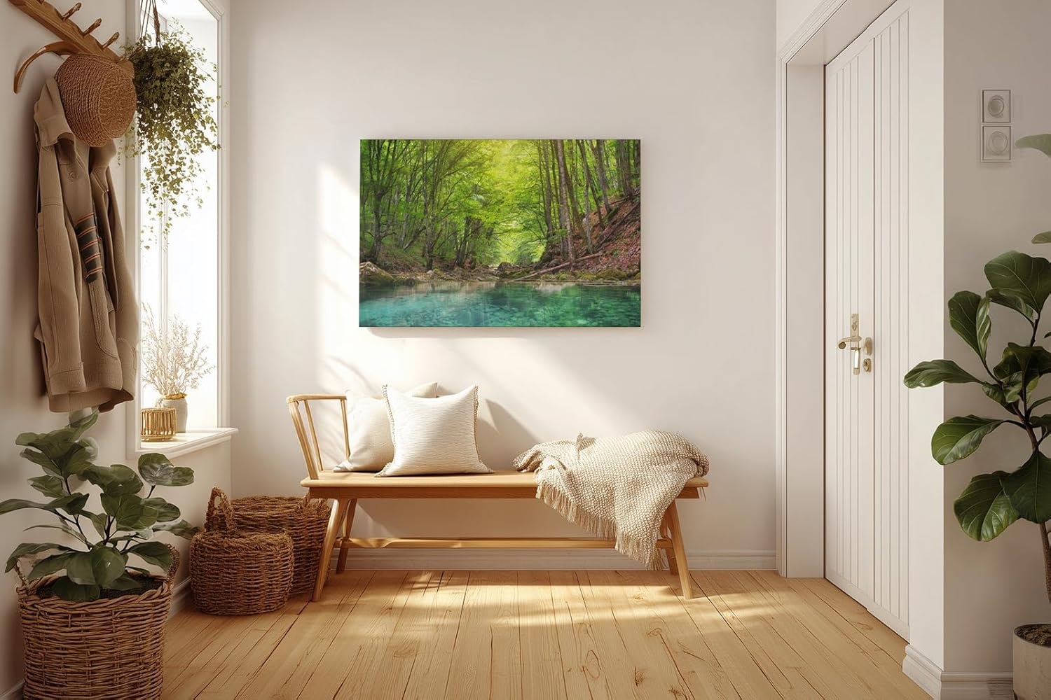 Sinus Art Wandbild 120x80cm Friedlicher Fluss mit glasklarem Wasser inmitten eines grünen Laubwaldes