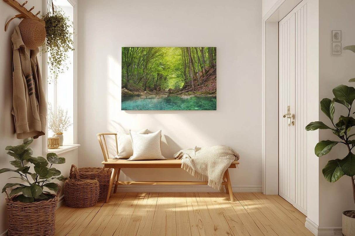 Sinus Art Wandbild 120x80cm Friedlicher Fluss mit glasklarem Wasser inmitten eines grünen Laubwaldes