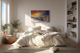Sinus Art Wandbild 120x80cm Schneebedeckter Nadelwald im Morgenlicht – intensiv, leuchtend und ruhig zugleich