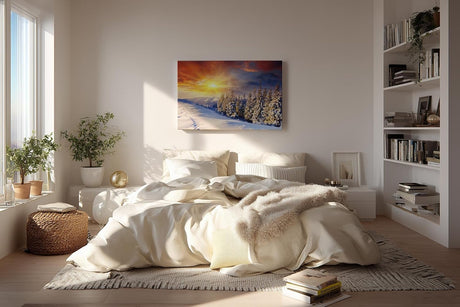 Sinus Art Wandbild 120x80cm Schneebedeckter Nadelwald im Morgenlicht – intensiv, leuchtend und ruhig zugleich