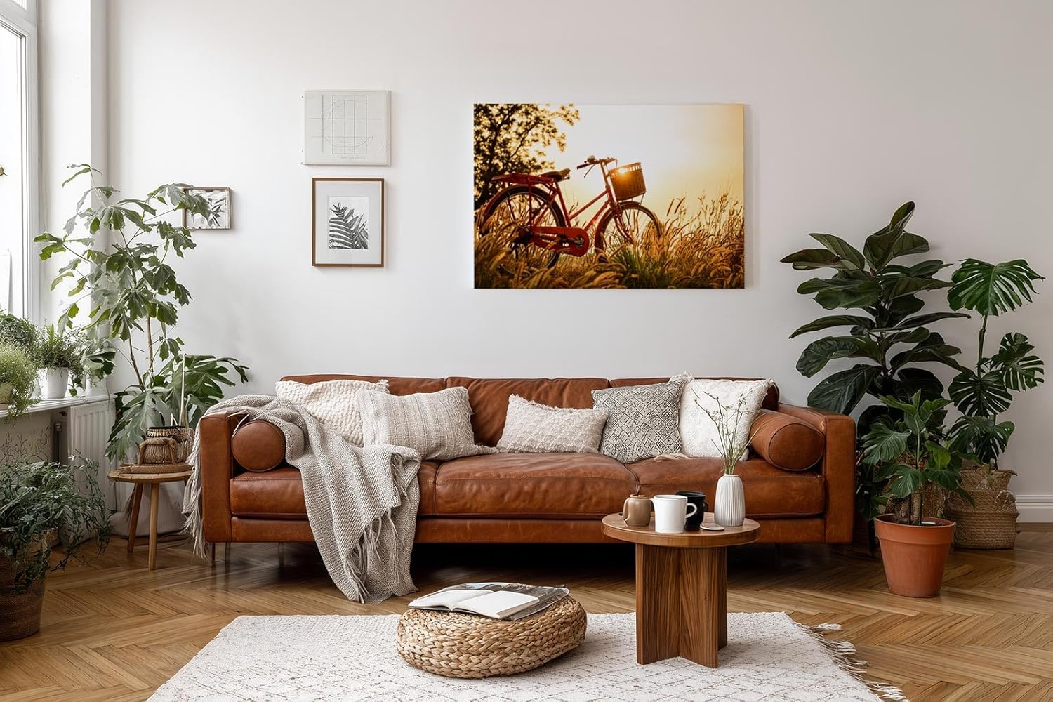Sinus Art Wandbild 120x80cm Rotes Fahrrad im goldenen Gegenlicht einer Sommerwiese mit romantischem Flair