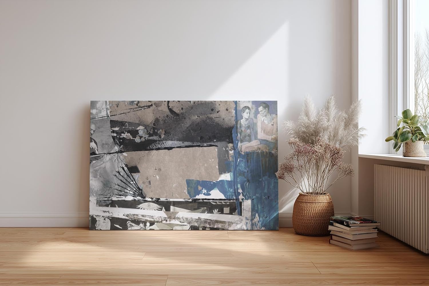 Sinus Art Wandbild 120x80cm Collage aus Porträts, Symbolen und grafischen Flächen in Blau, Grau und Beige
