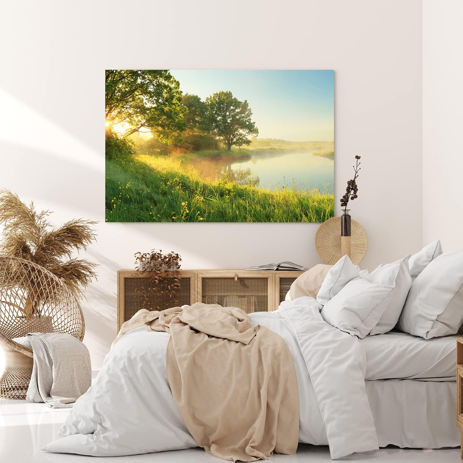 Paul Sinus Wandbild 120x80cm Fluss Morgentau Sonnenaufgang Wiese Bäume Natur