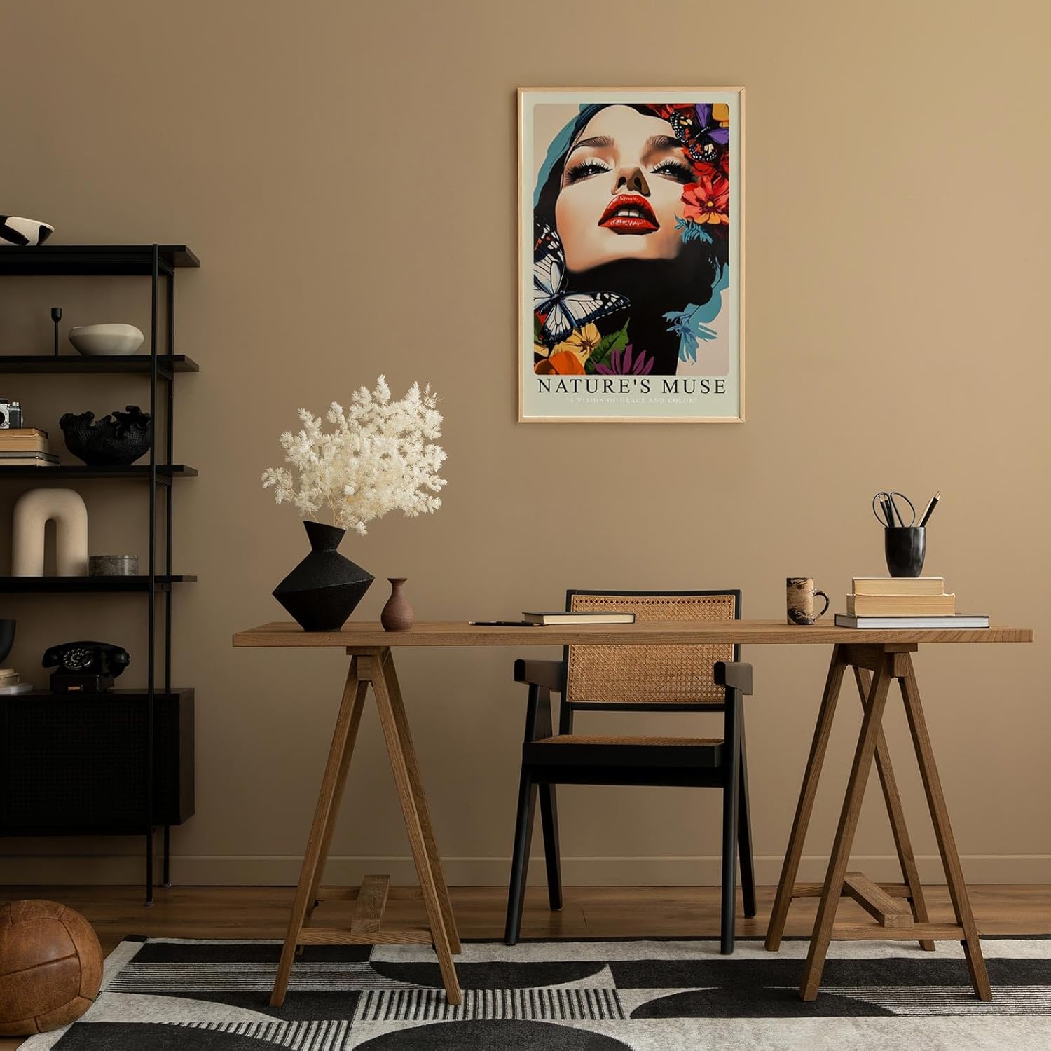 Paul Sinus Leinwandbild 40x60cm Leinwandbild Natur-Muse – Ausdrucksstarkes Porträt mit floralen Akzenten und Schmetterlingen, harmonische Farbkombination