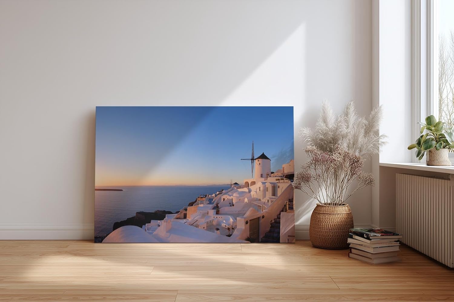 Sinus Art Wandbild 120x80cm Weiße Häuser und Windmühlen über dem Meer im goldenen Abendlicht