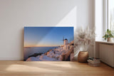 Sinus Art Wandbild 120x80cm Weiße Häuser und Windmühlen über dem Meer im goldenen Abendlicht