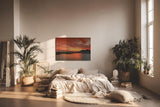 Sinus Art Wandbild 120x80cm Atmosphärisches Hafenszenario mit Silhouetten und leuchtendem Himmel über markanter Vulkanform