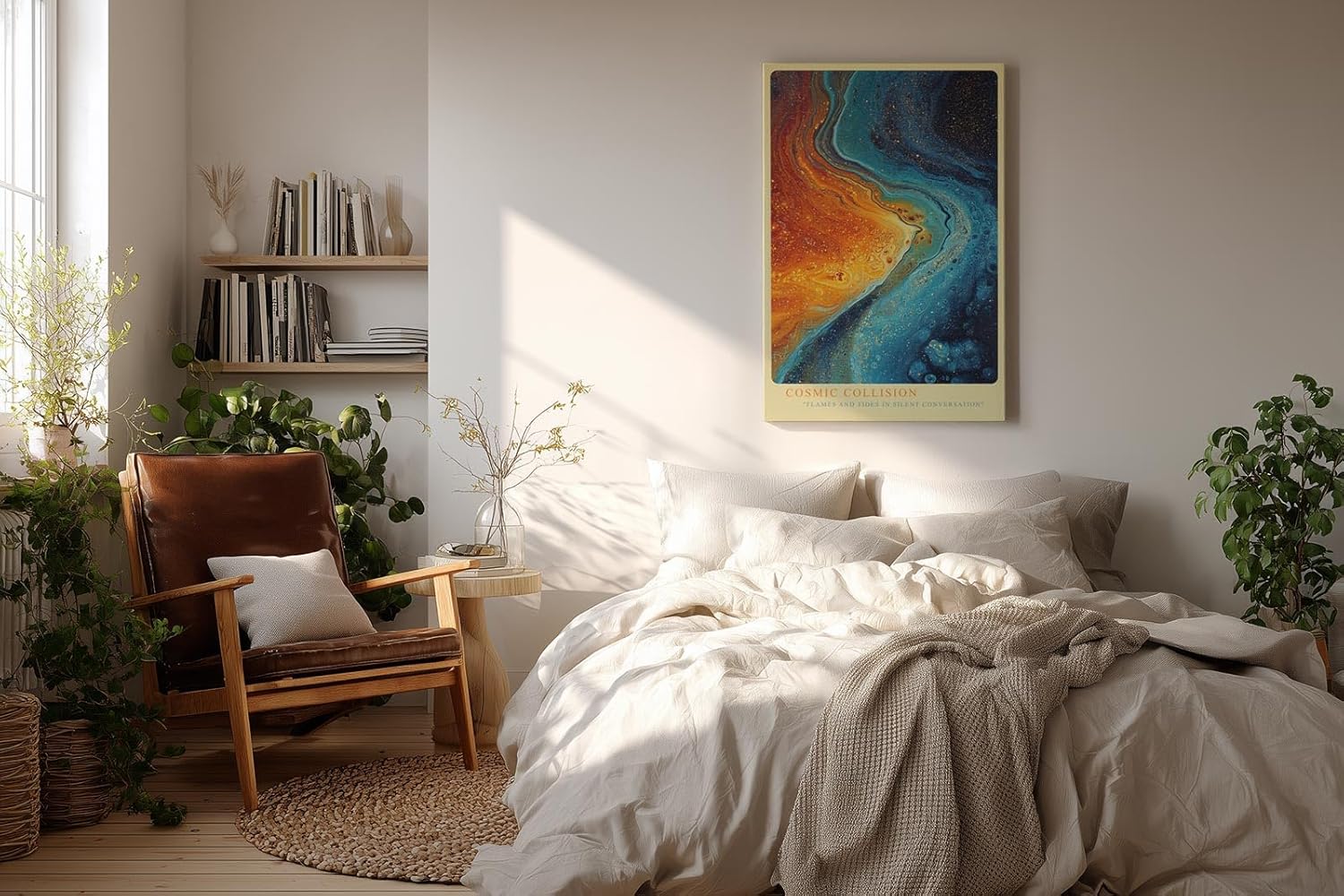 Paul Sinus Wandbild in 40x60cm Cosmic Collision in intensiven Blauund Orangetönen mit dynamischem Farbverlauf für moderne Raumgestaltung