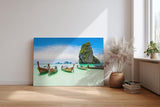 Sinus Art Wandbild 120x80cm Farbintensive Szene mit traditionellen Booten vor tropischer Felskulisse