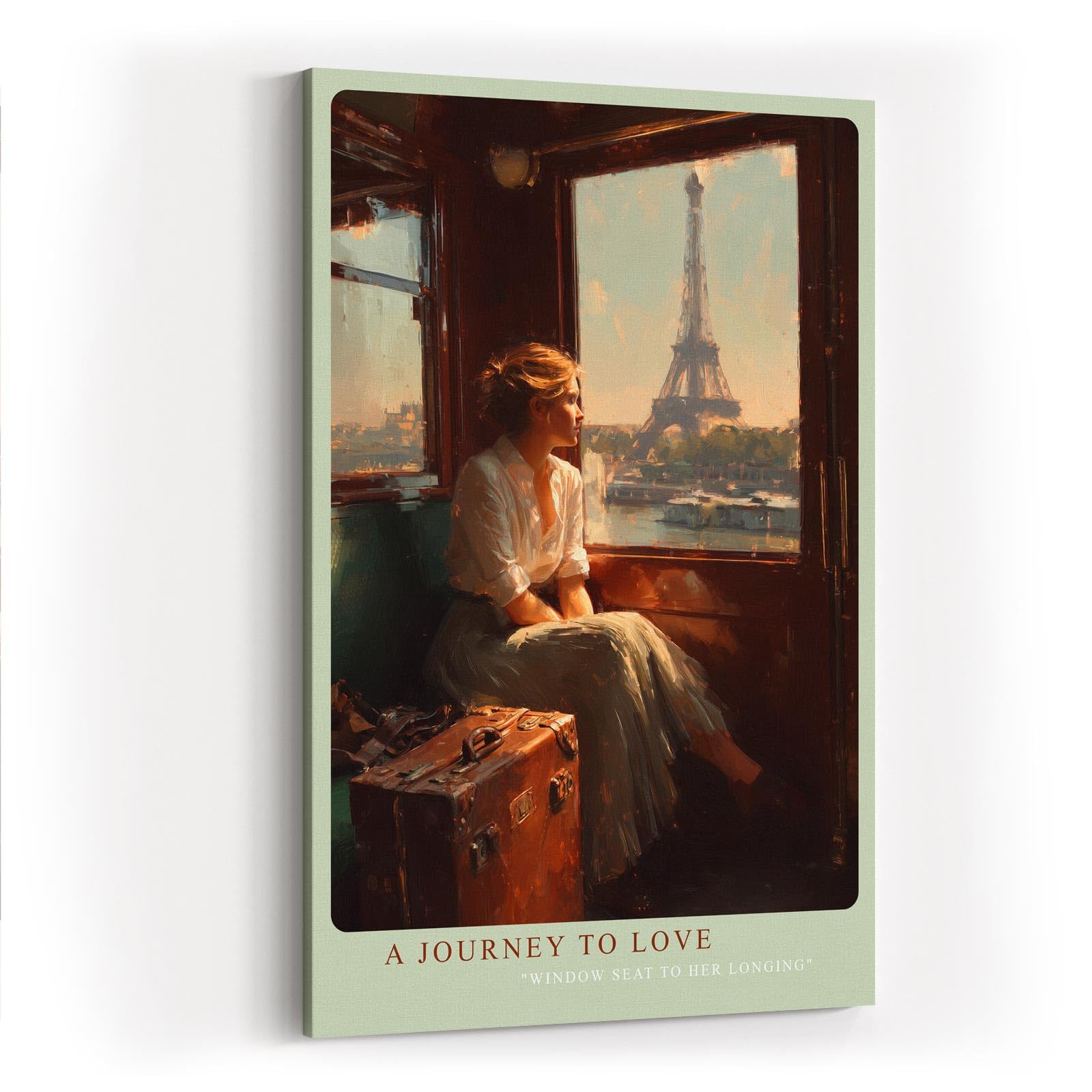 Paul Sinus Wandbild in 40x60cm A Journey to Love – Frau im Zug mit Blick auf den Eiffelturm, warmes Abendlicht, romantisches Paris-Motiv im Vintage-Stil
