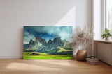 Sinus Art Wandbild 120x80cm Weite Almwiese mit dramatischer Bergkulisse und Hütten – frisch, ehrlich, kraftvoll