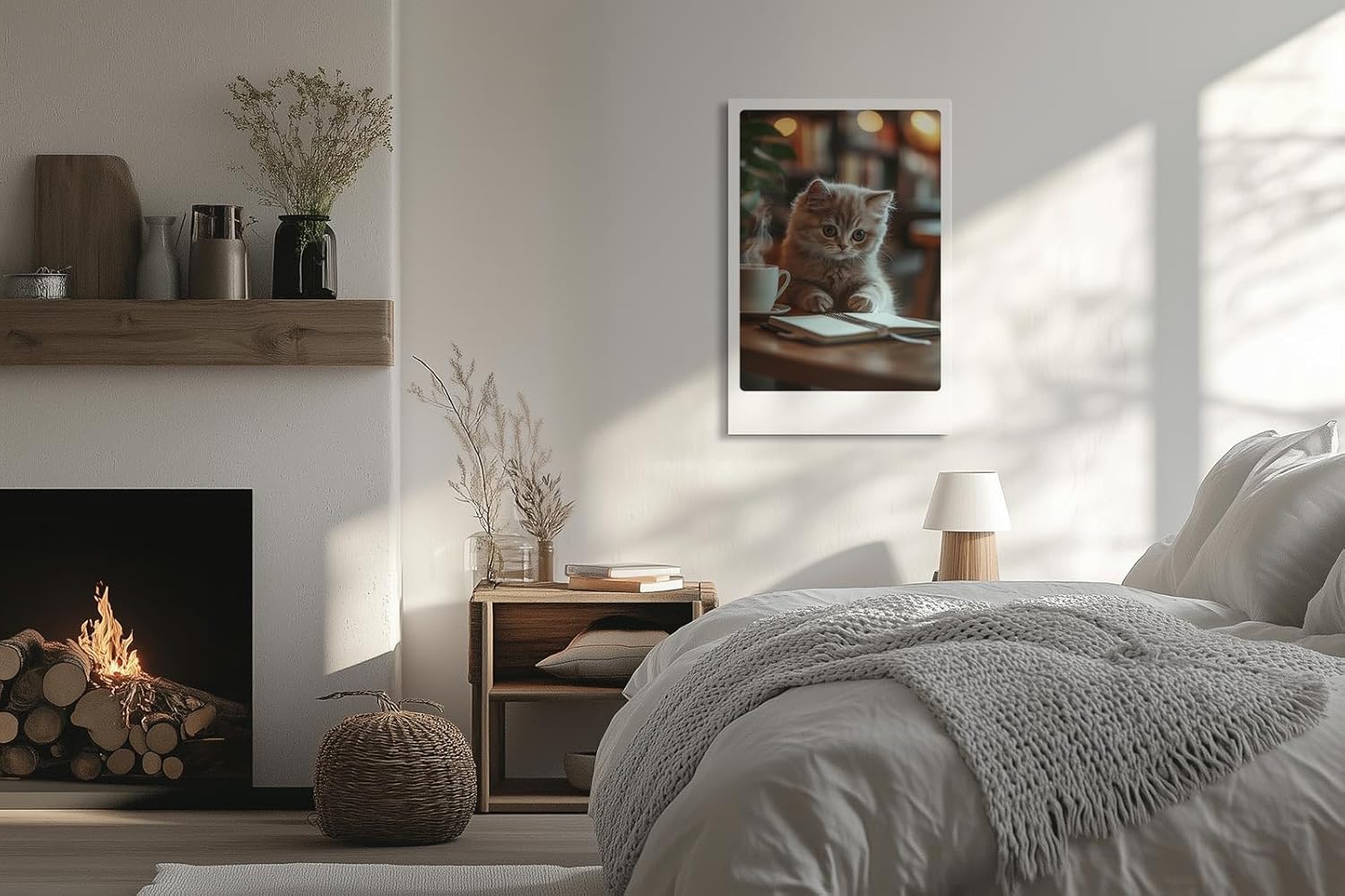 Paul Sinus Leinwandbild 80x120cm Leinwandbild Nachdenkliche Katze im Café – Charmante Szene mit flauschigem Kätzchen, gemütliche Atmosphäre, warmes Licht