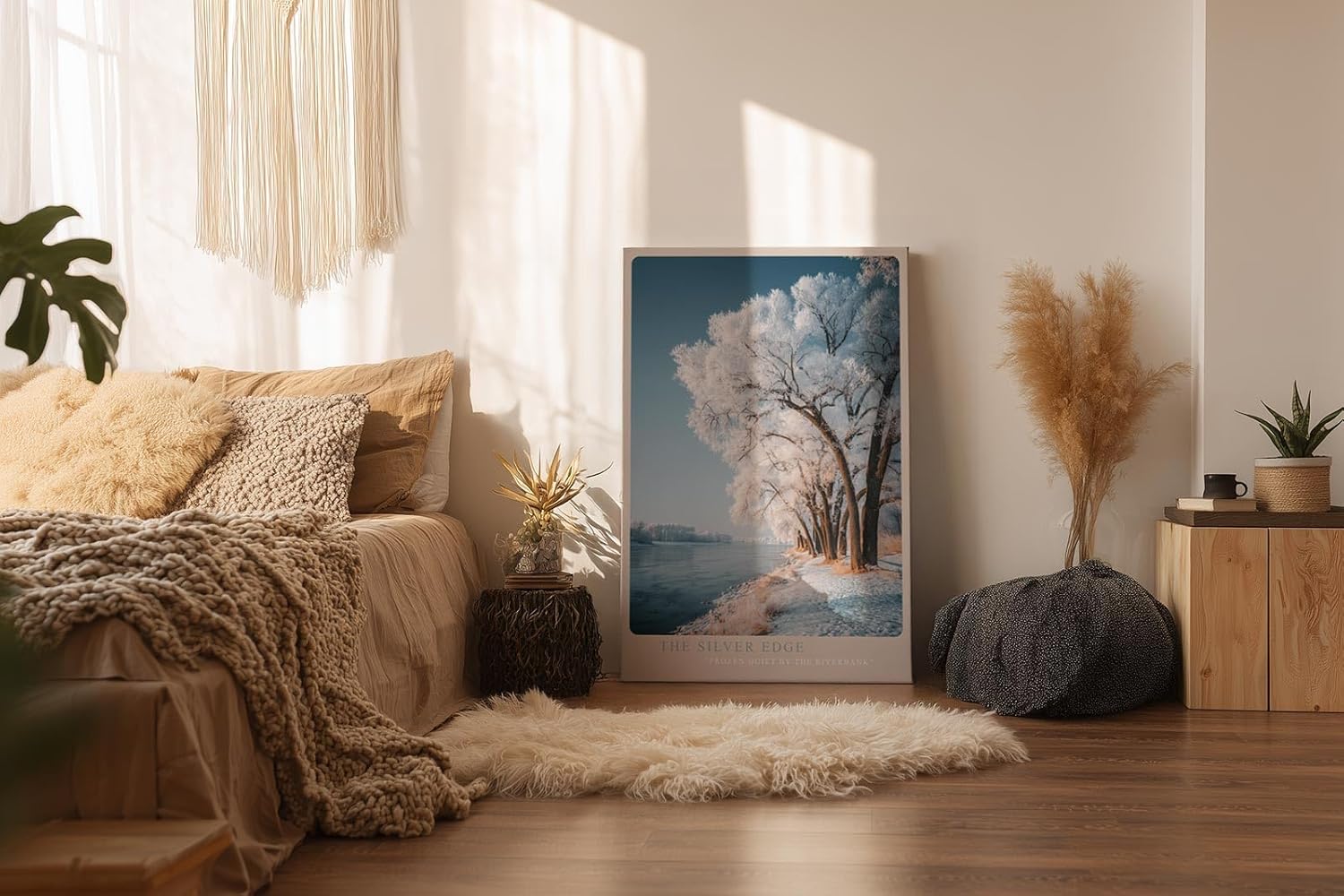 Paul Sinus Wandbild in 40x60cm The Silver Edge – Winterliche Flusslandschaft mit schneebedeckten Bäumen, elegante Naturdarstellung in kühlen Tönen