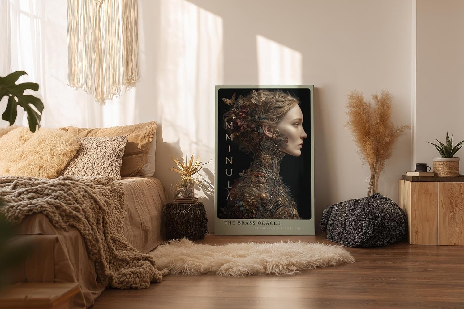 Paul Sinus Wandbild in 40x60cm The Brass Oracle Porträt einer Frau mit kunstvollen mechanischen Ornamenten und floralen Details in Gold und Messing