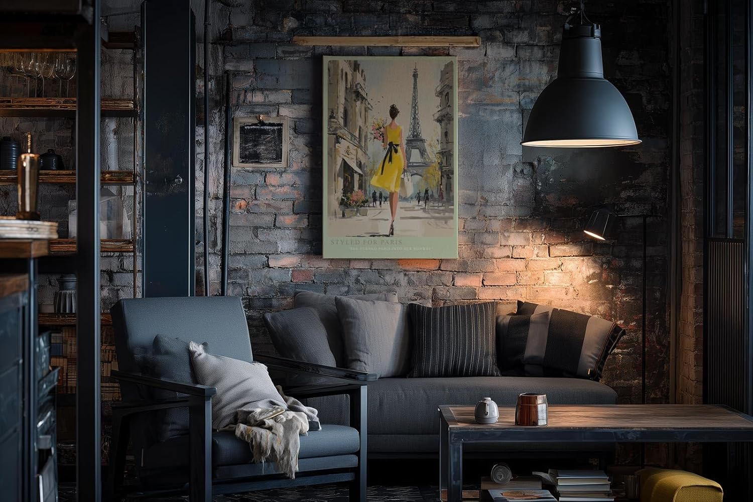 Paul Sinus Wandbild in 40x60cm Frau im gelben Kleid vor dem Eiffelturm – stilvolle Stadtszene mit französischem Charme für elegante Raumgestaltung