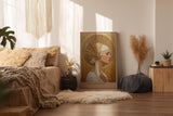 Paul Sinus Wandbild in 40x60cm Divine Femininity elegantes Porträt einer Frau in weiß-goldener Kopfbedeckung vor goldener Strahlenkrone