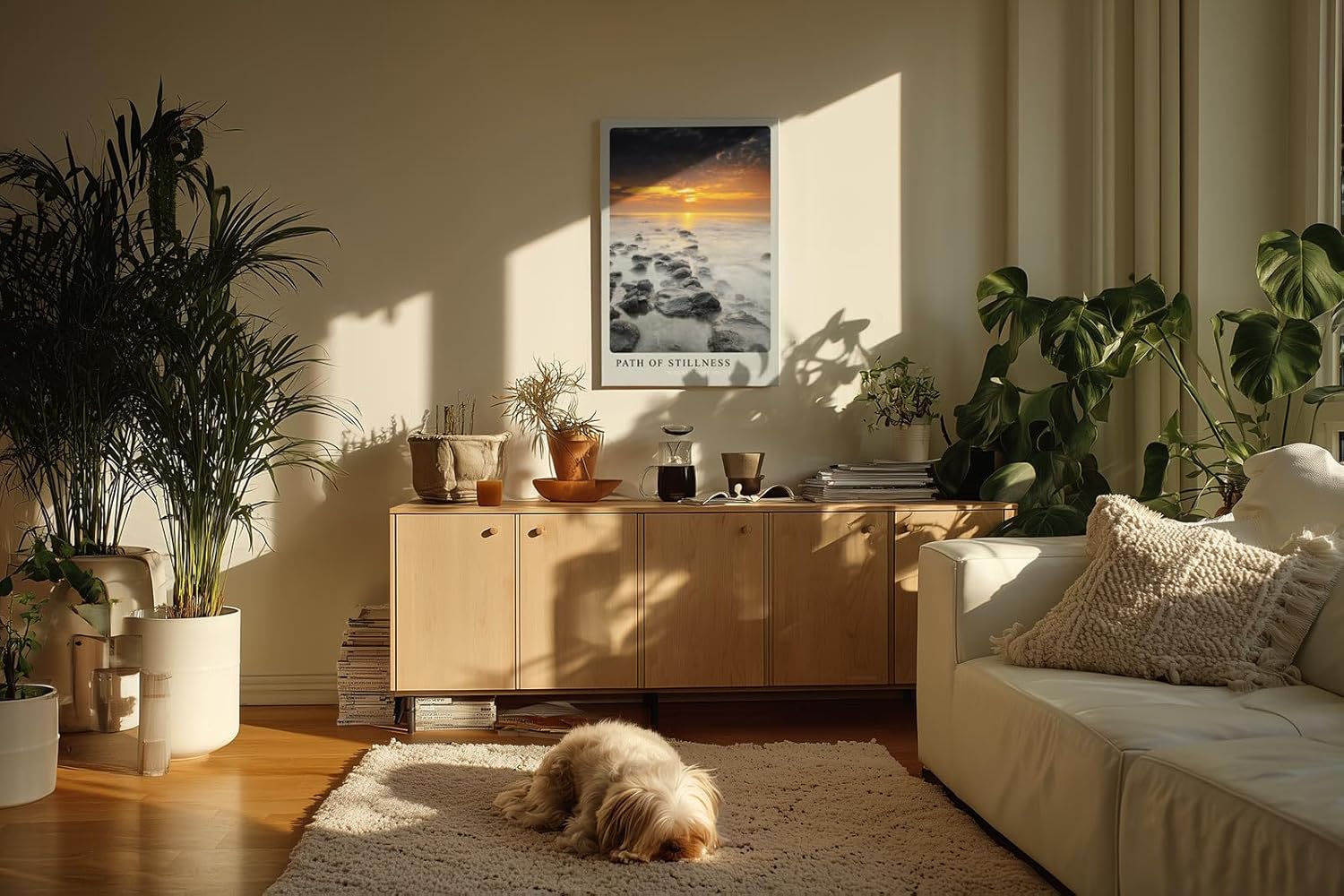 Paul Sinus Kunstdruck 40x60cm Path of Stillness – Sonnenuntergang über ruhiger Küste mit dunklen Steinen im Wasser