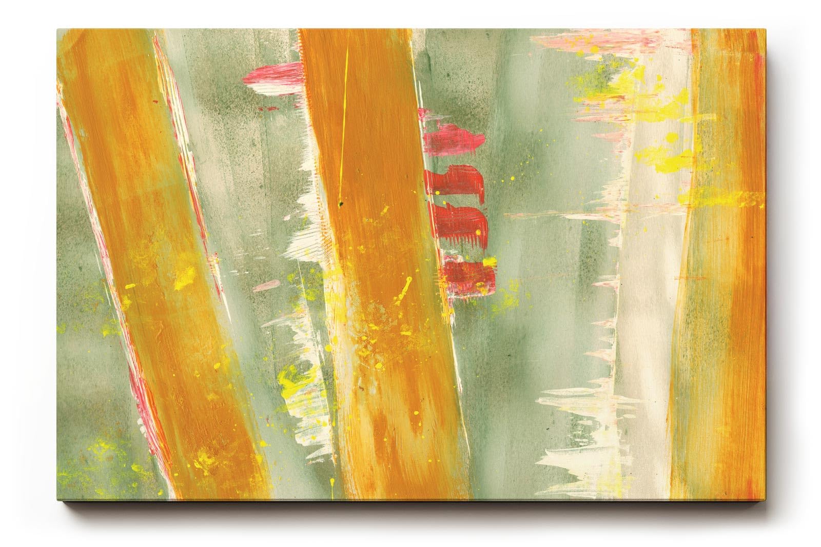 Sinus Art Wandbild 120x80cm Gelb-orange vertikale Pinselstriche auf grünlichem Grund mit leuchtenden Akzenten