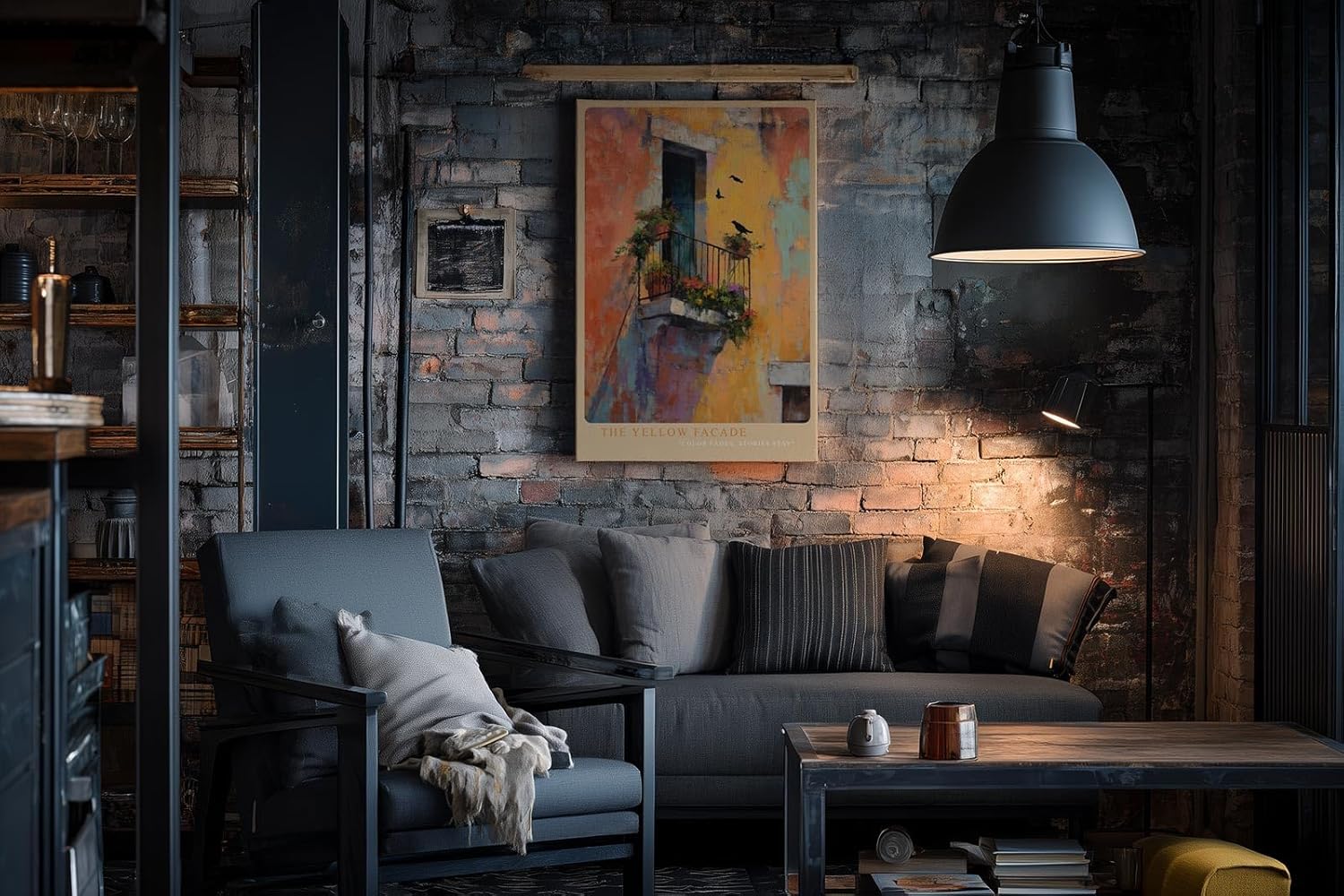 Paul Sinus Wandbild in 40x60cm The Yellow Facade – Mediterrane Balkonszene mit leuchtend gelber Fassade und verspielten Details in impressionistischem Stil