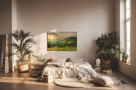 Sinus Art Wandbild 120x80cm Sanfte Hügellandschaft mit kräftigem Sonnenaufgang in natürlicher Weite