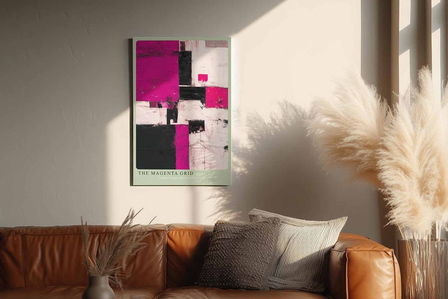Paul Sinus Wandbild in 40x60cm The Magenta Grid – Strukturiertes abstraktes Kunstwerk in Pink, Schwarz und Weiß mit dynamischer Wirkung