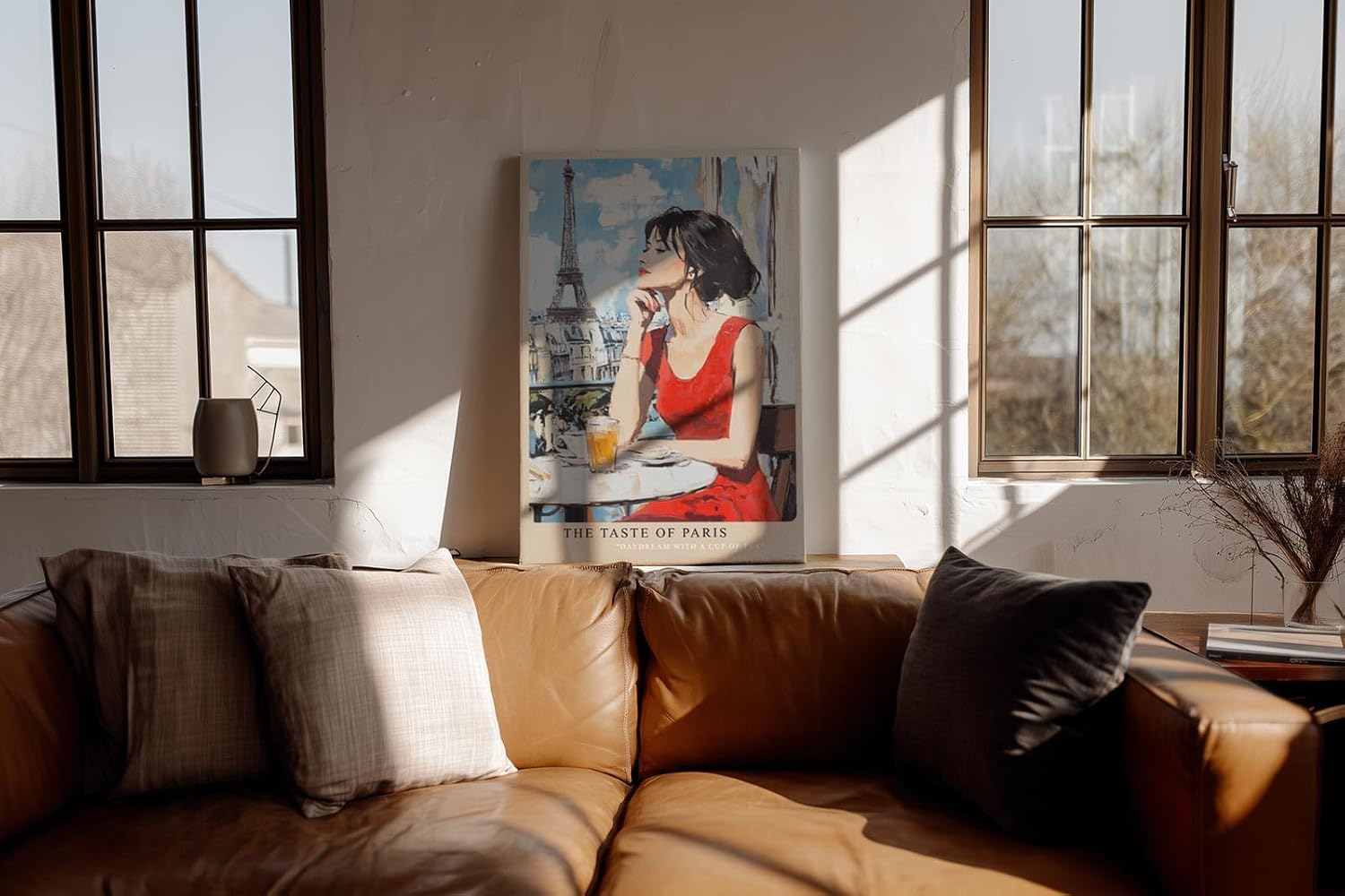 Paul Sinus Wandbild in 40x60cm The Taste of Paris Bilder einer Frau im roten Kleid auf einer Pariser Terrasse mit Blick auf den Eiffelturm