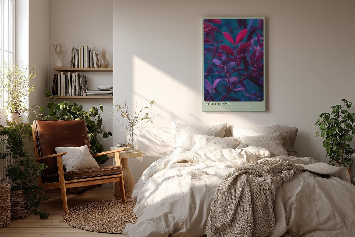 Paul Sinus Wandbild in 40x60cm Night Leaves – elegante Pflanzenblätter in stimmungsvoller Abendfarbpalette aus Pink, Lila und Blau