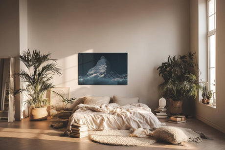 Sinus Art Wandbild 120x80cm Silbrig schimmernder Gipfel des Matterhorns vor dunklem Nachthimmel
