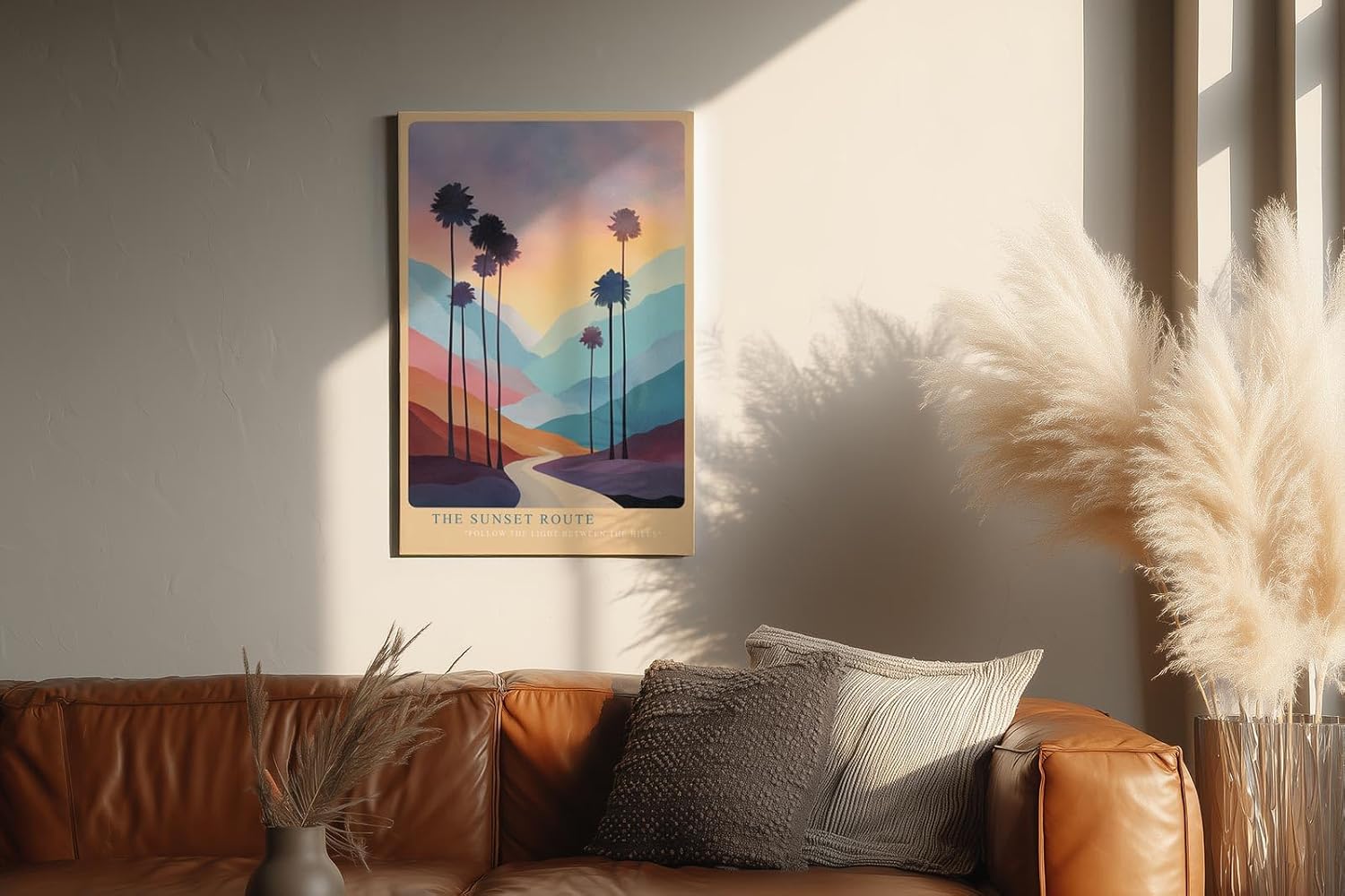 Paul Sinus Wandbild in 40x60cm The Sunset Route – farbenprächtige Palmenlandschaft im Licht des Sonnenuntergangs, moderne Wandkunst