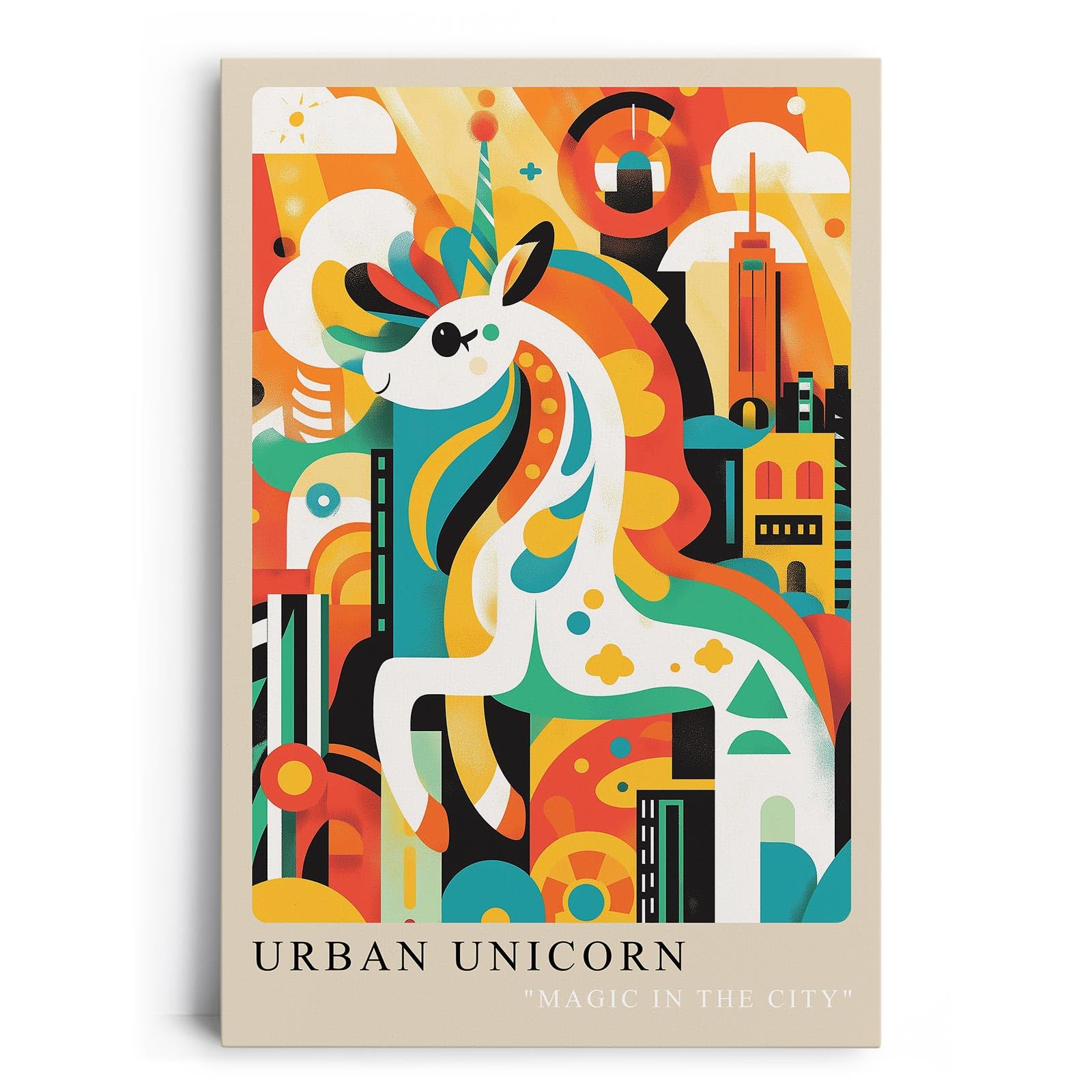 Paul Sinus Leinwandbild 60x90cm Leinwandbild Urban Unicorn magische Stadtfarben verspielte Fantasie moderne Pop-Art lebendige Ästhetik abstrakte Metropole