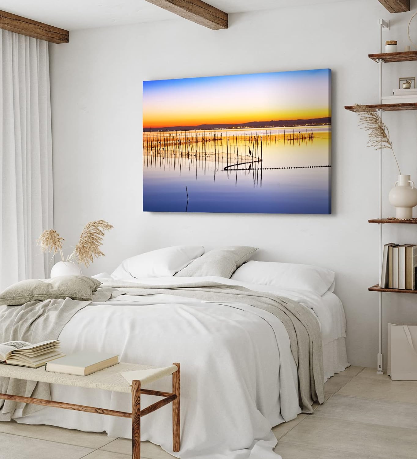 Paul Sinus Wandbild 120x80cm Abendröte Meer Fischernetze Kraniche Horizont Berge