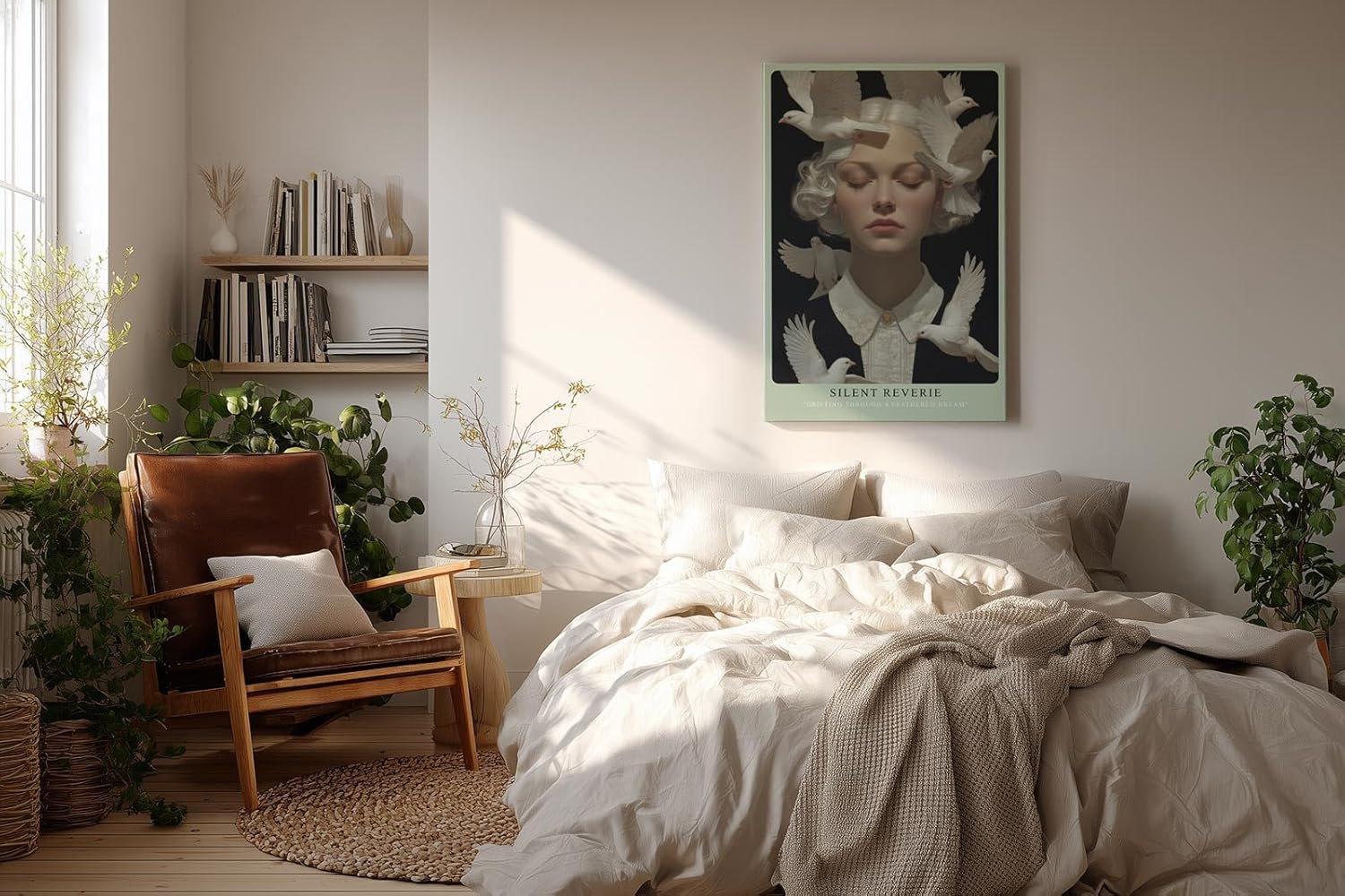 Paul Sinus Wandbild in 40x60cm Silent Reverie Porträt einer Frau mit geschlossenen Augen, umgeben von weißen Tauben, für friedvolle Raumgestaltung