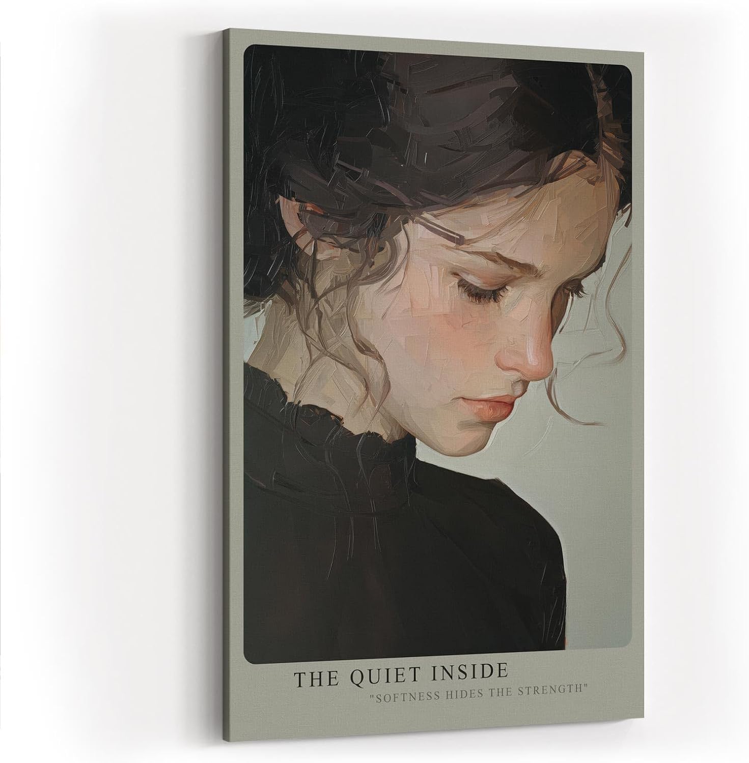 Paul Sinus Wandbild in 40x60cm The Quiet Inside – Ausdrucksstarkes Porträt einer jungen Frau mit sanft gesenktem Blick, Bilder in moderner Interpretation, edel und zeitlos für stilvolle Wohnräume