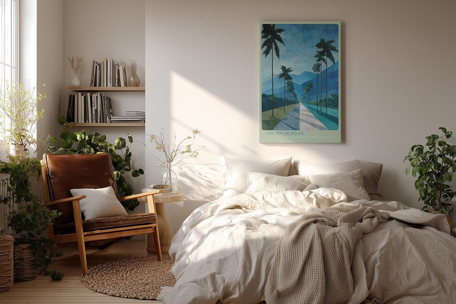 Paul Sinus Wandbild in 40x60cm The Palm Road mit malerischen Palmen und blauem Gebirgsblick in endloser Tiefe für stilvolle Raumgestaltung
