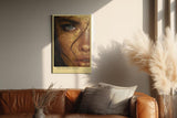 Paul Sinus Wandbild in 40x60cm The Golden Secret – Intensives Porträt mit goldener Blattoptik und blauem Auge in Nahaufnahme