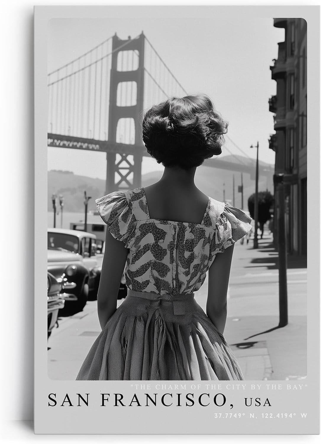 Paul Sinus Leinwandbild 80x120cm San Francisco USA Leinwandbild elegante Frau in Vintage-Kleid vor der Golden Gate Bridge