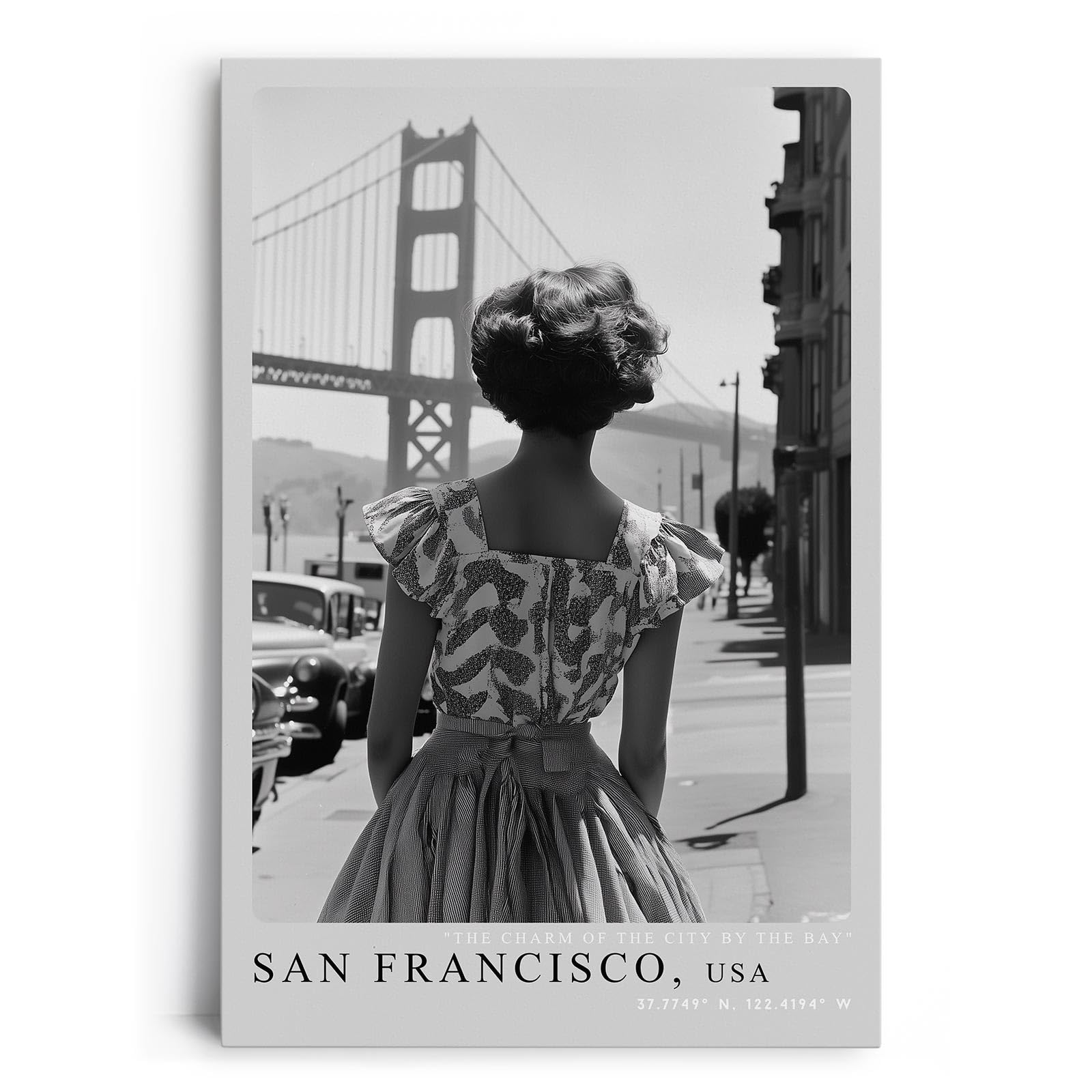 Paul Sinus Leinwandbild 80x120cm San Francisco USA Leinwandbild elegante Frau in Vintage-Kleid vor der Golden Gate Bridge