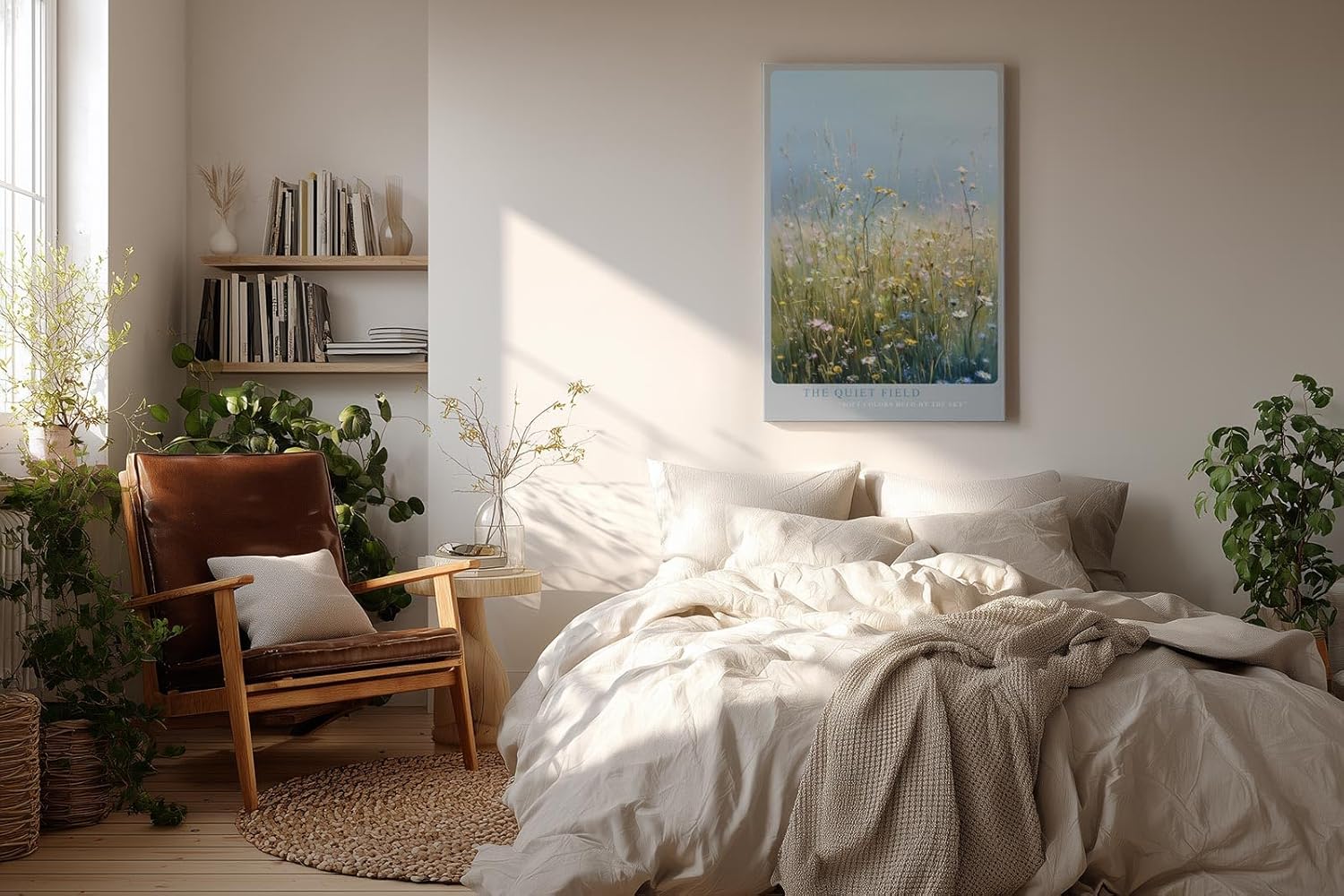 Paul Sinus Wandbild in 40x60cm The Quiet Field Sanfte Wildblumenwiese in Pastellfarben unter klarem Himmel für ruhige und harmonische Raumakzente