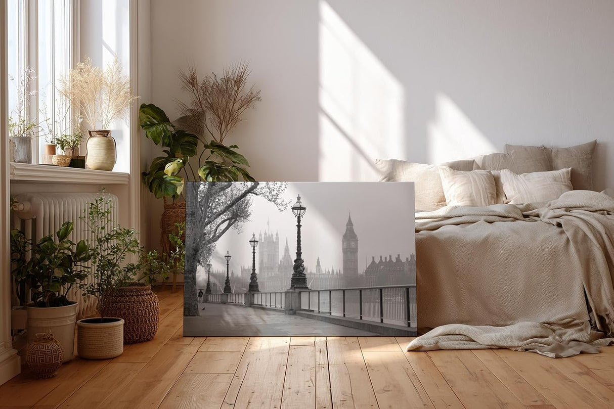 Sinus Art Wandbild 120x80cm Klassische London-Szene mit Laternenreihe und ikonischer Silhouette – elegant und urban