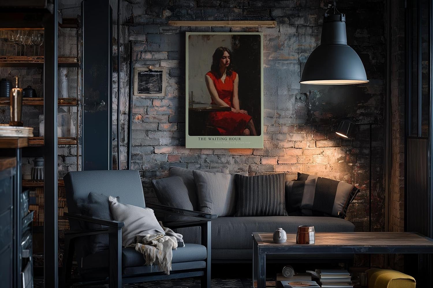 Paul Sinus Wandbild in 40x60cm The Waiting Hour Bilder einer Frau im roten Kleid an einem Tisch für atmosphärische Raumgestaltung