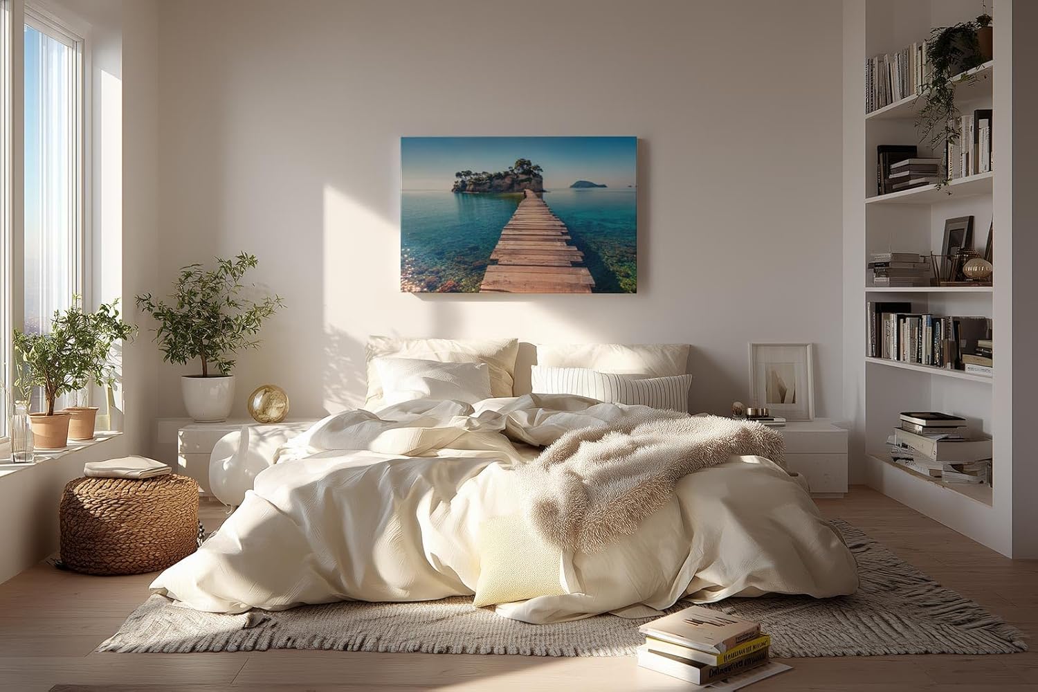 Sinus Art Wandbild 120x80cm Holzsteg führt zur Insel im klaren Meer – Symbol für Freiheit und Fernweh