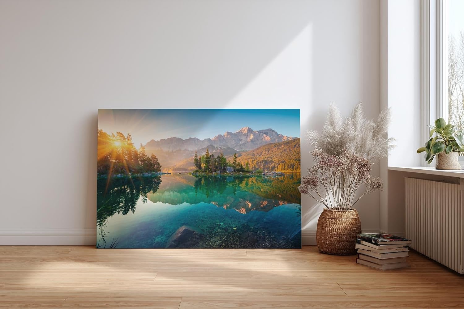 Sinus Art Wandbild 120x80cm Stimmungsvolles Bergmotiv mit Spiegelung im See und Sonnenaufgang für naturnahe Atmosphäre
