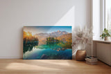Sinus Art Wandbild 120x80cm Stimmungsvolles Bergmotiv mit Spiegelung im See und Sonnenaufgang für naturnahe Atmosphäre