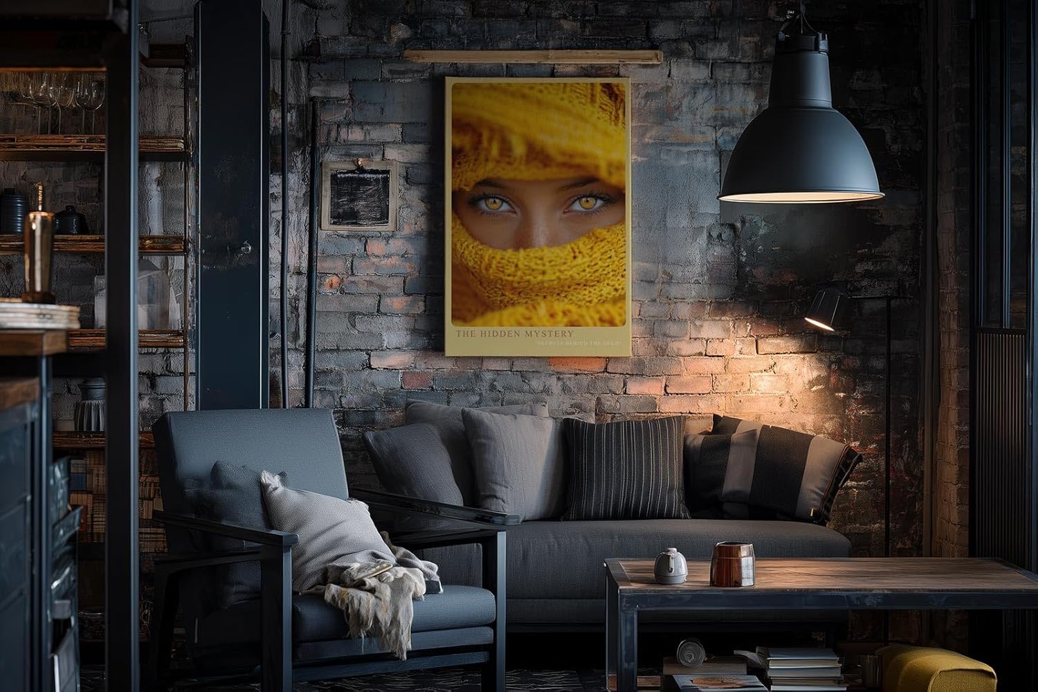 Paul Sinus Wandbild in 40x60cm The Hidden Mystery – Intensives Porträt mit goldenen Augen und gelbem Schal in Nahaufnahme