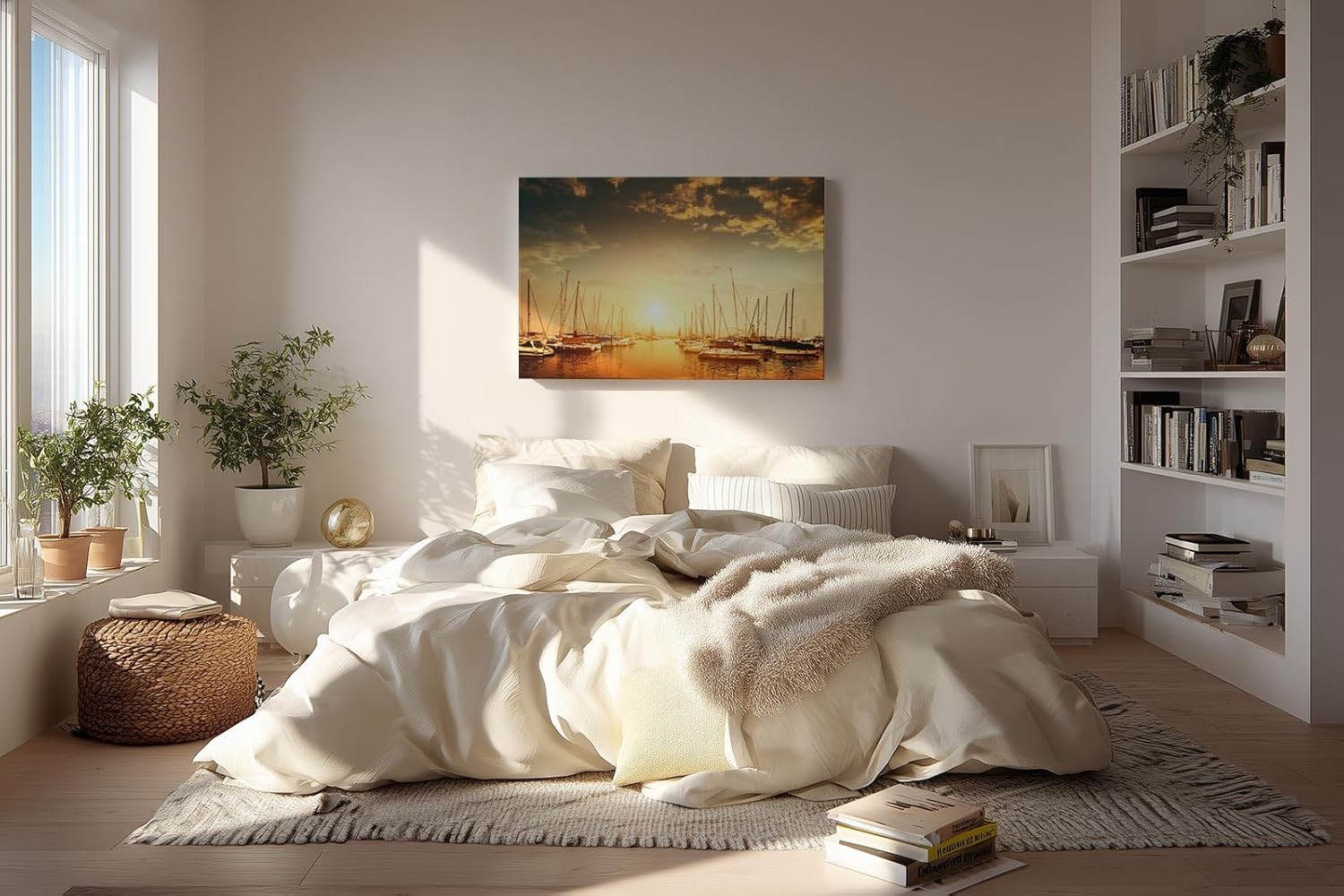 Sinus Art Wandbild 120x80cm Wunderschöner Sonnenuntergang über ruhigem Wasser mit segelnden Booten