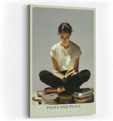 Paul Sinus Wandbild in 40x60cm Pages and Peace – Meditatives Porträt einer jungen Frau, sitzend auf Bücherstapeln im Schneidersitz und lesend, zeitgenössische Bilder in harmonischer Farbgebung