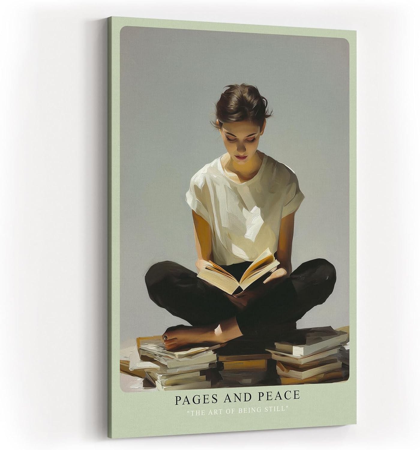 Paul Sinus Wandbild in 40x60cm Pages and Peace – Meditatives Porträt einer jungen Frau, sitzend auf Bücherstapeln im Schneidersitz und lesend, zeitgenössische Bilder in harmonischer Farbgebung