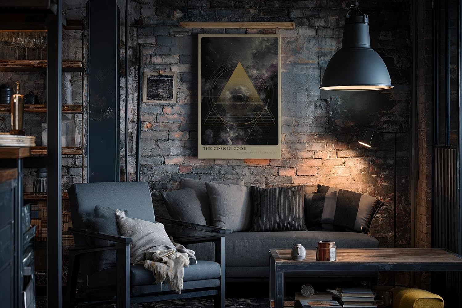 Paul Sinus Wandbild in 40x60cm The Cosmic Code – Faszinierende Weltraumkomposition mit goldenem geometrischem Dreieck und mystischen Nebelstrukturen