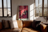 Paul Sinus Wandbild in 40x60cm Queen of Heels Frau in schwarzem Outfit auf rotem Sessel vor Regal mit High Heels in glamouröser Szene