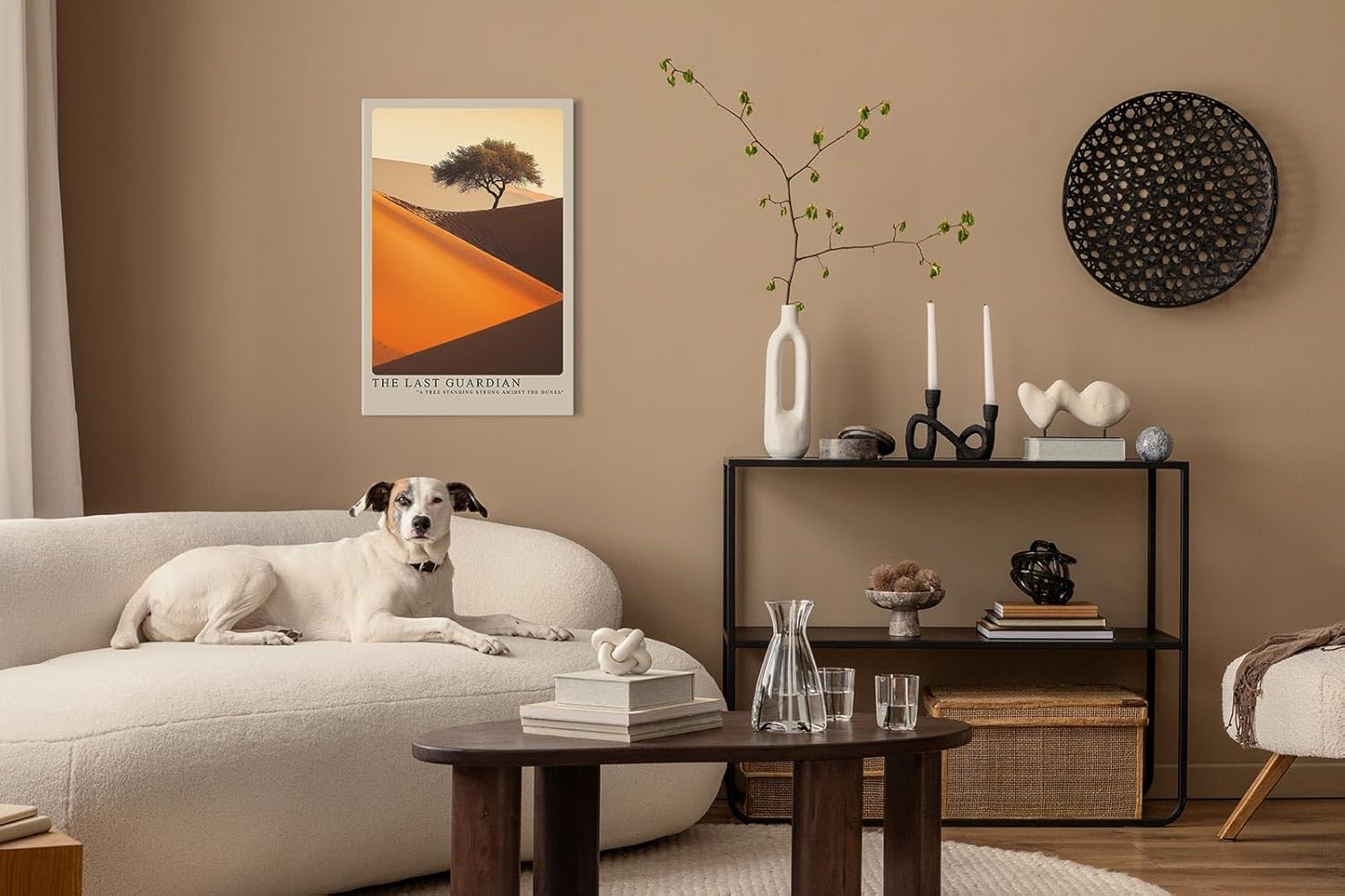 Paul Sinus Leinwandbild 80x120cm – Faszinierende Wüstenlandschaft mit einsamem Baum, leuchtenden Sanddünen und dramatischem Lichtspiel